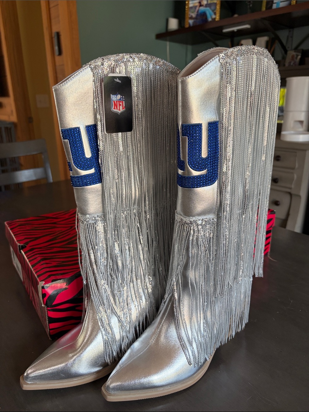 NFL Licensed Silver Fringe Cowboy Boots - New York Giants
